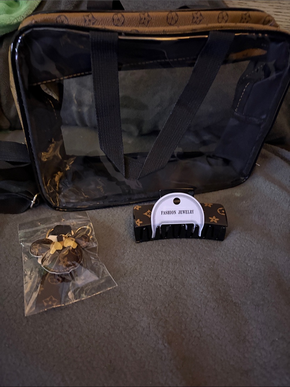 FASHION - LV Brown Monogram Clear Tote & Matching Brown Hair Clip and Keychain